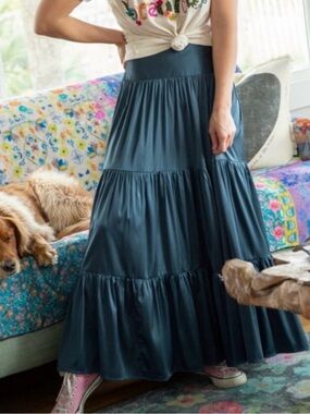 Natural Life Black Satin Boho Maxi Skirt Flowy Tiered Cottagecore
Size Medium